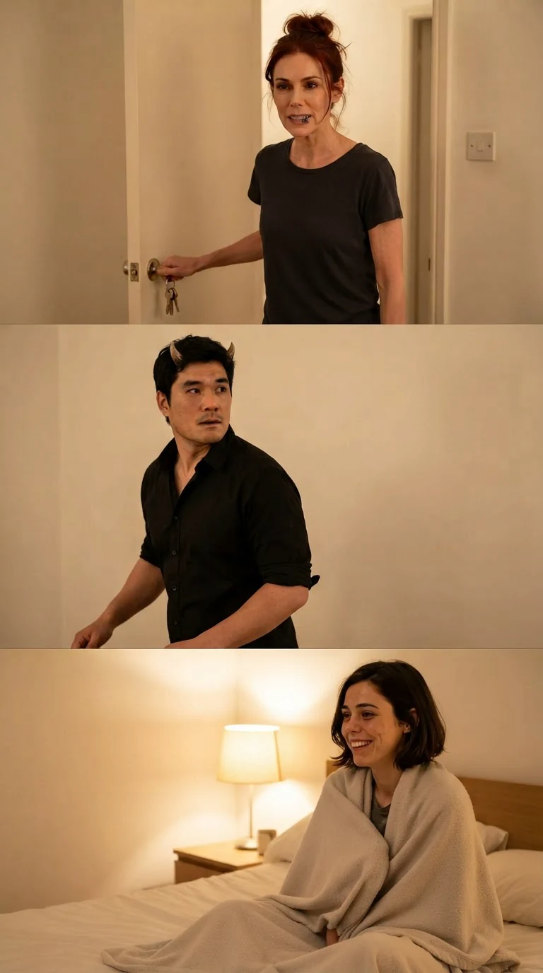 Gwen's mouth twitching at the door, Ambrose looking at Mabel with a startled expression.
