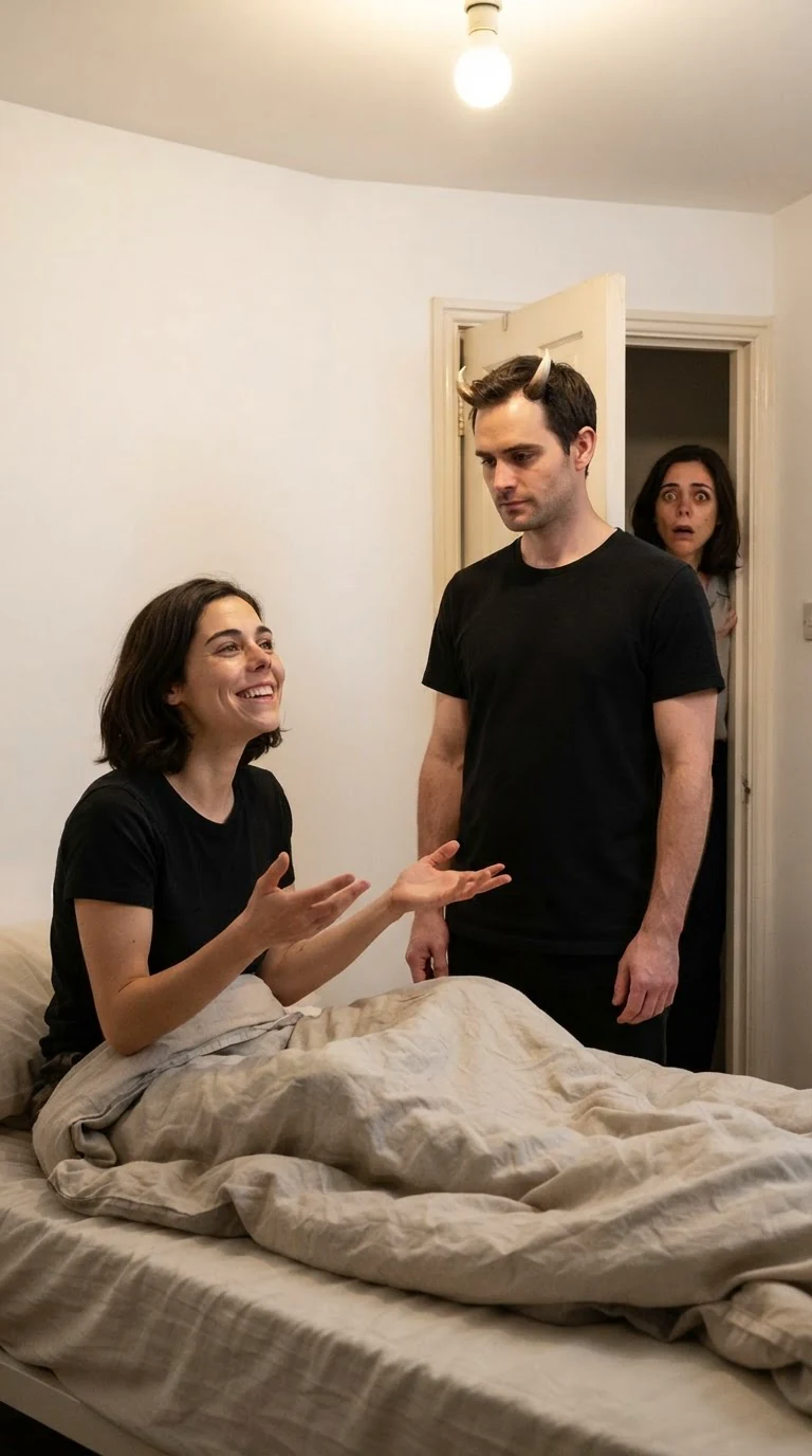 Mabel grinning up from the bed; Ambrose and Gwen both staring at her.
