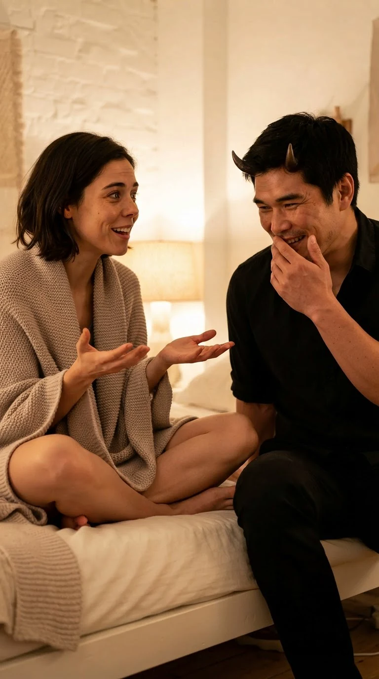 Mabel with her arms out; Ambrose rubbing his mouth, hiding a smile.