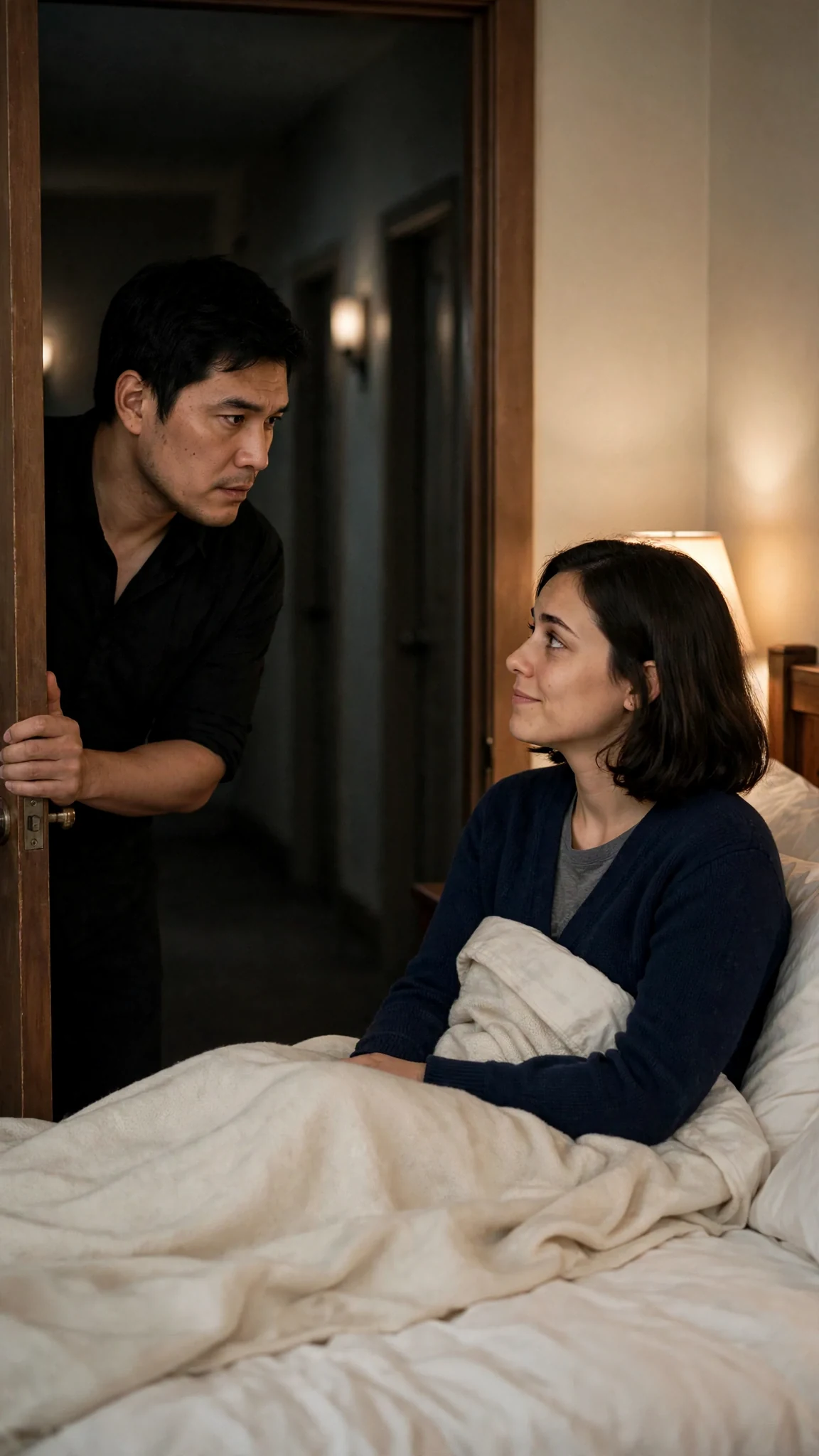 Ambrose pausing at the door with one hand on the frame, Mabel watching him.