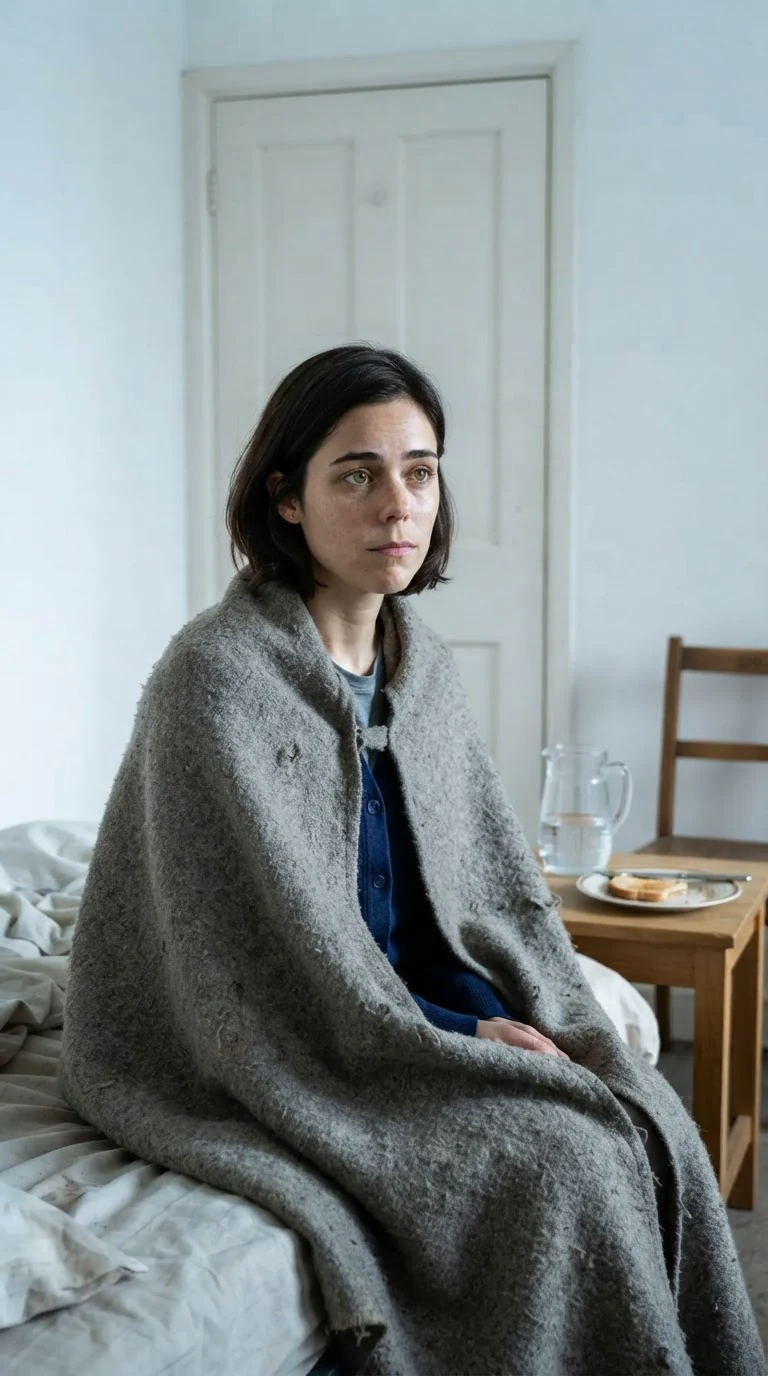Mabel alone in the white room, blanket round her shoulders, thinking.