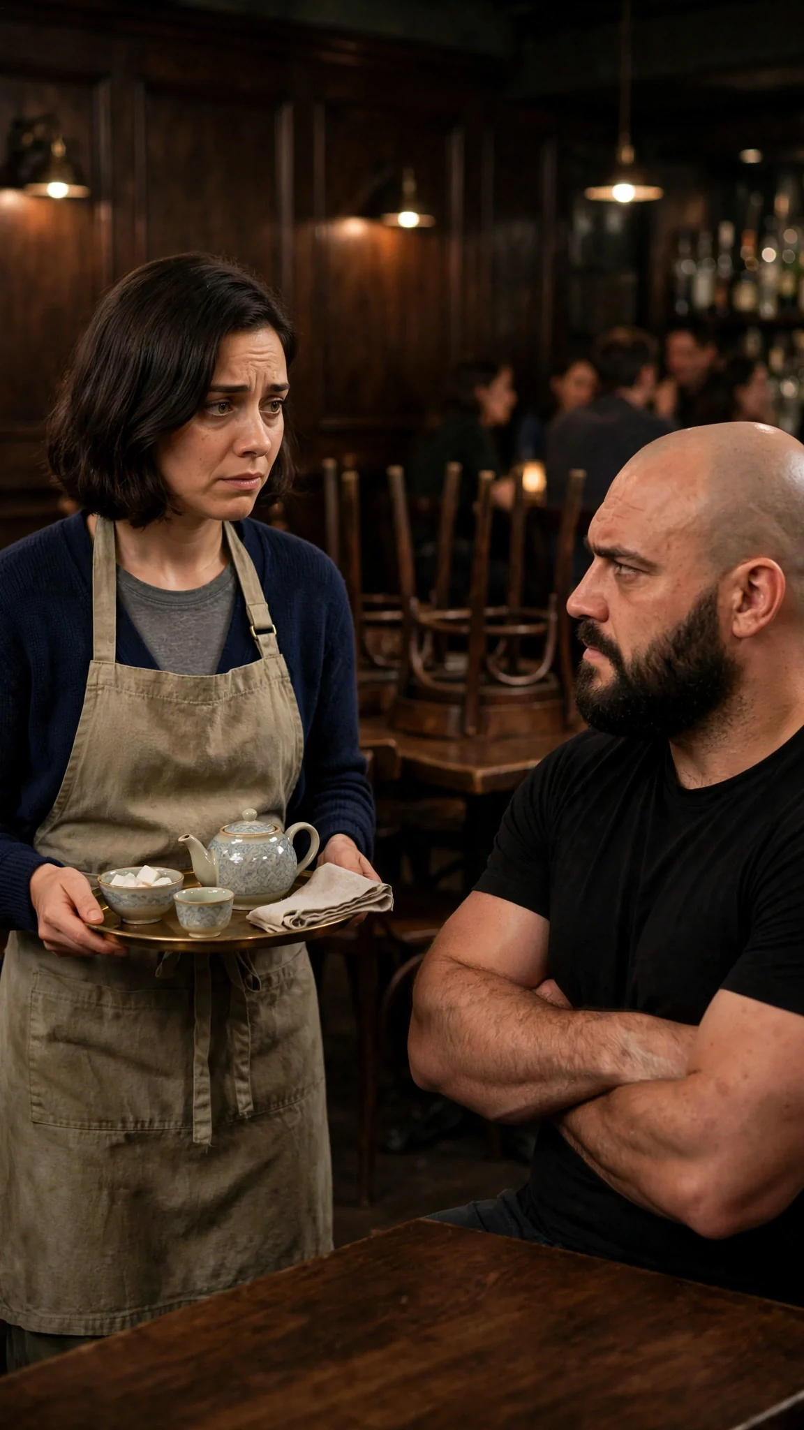 A small woman carrying a tray into a dark, low-lit bar where a huge bald bearded bouncer sits at a table.