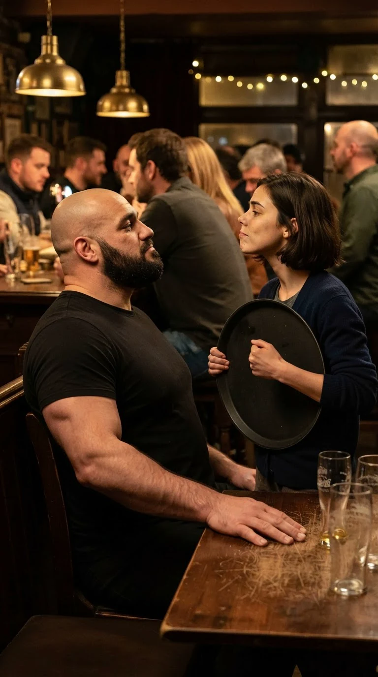 The huge bouncer leaning back, sneering up at the small woman, the bar's patrons turning to look.