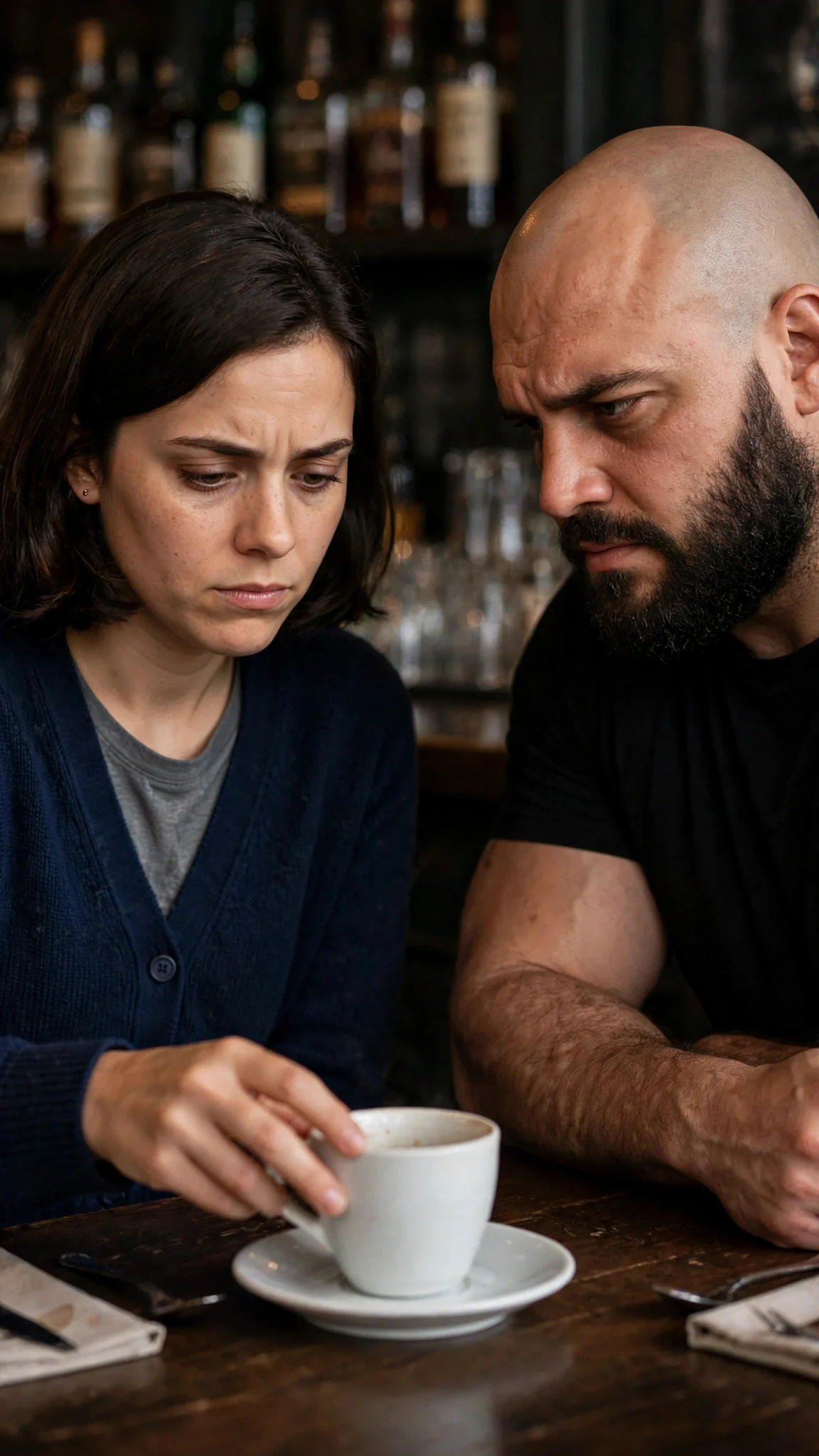 The small woman setting a cup down firmly, eyes fixed on the bouncer's face.