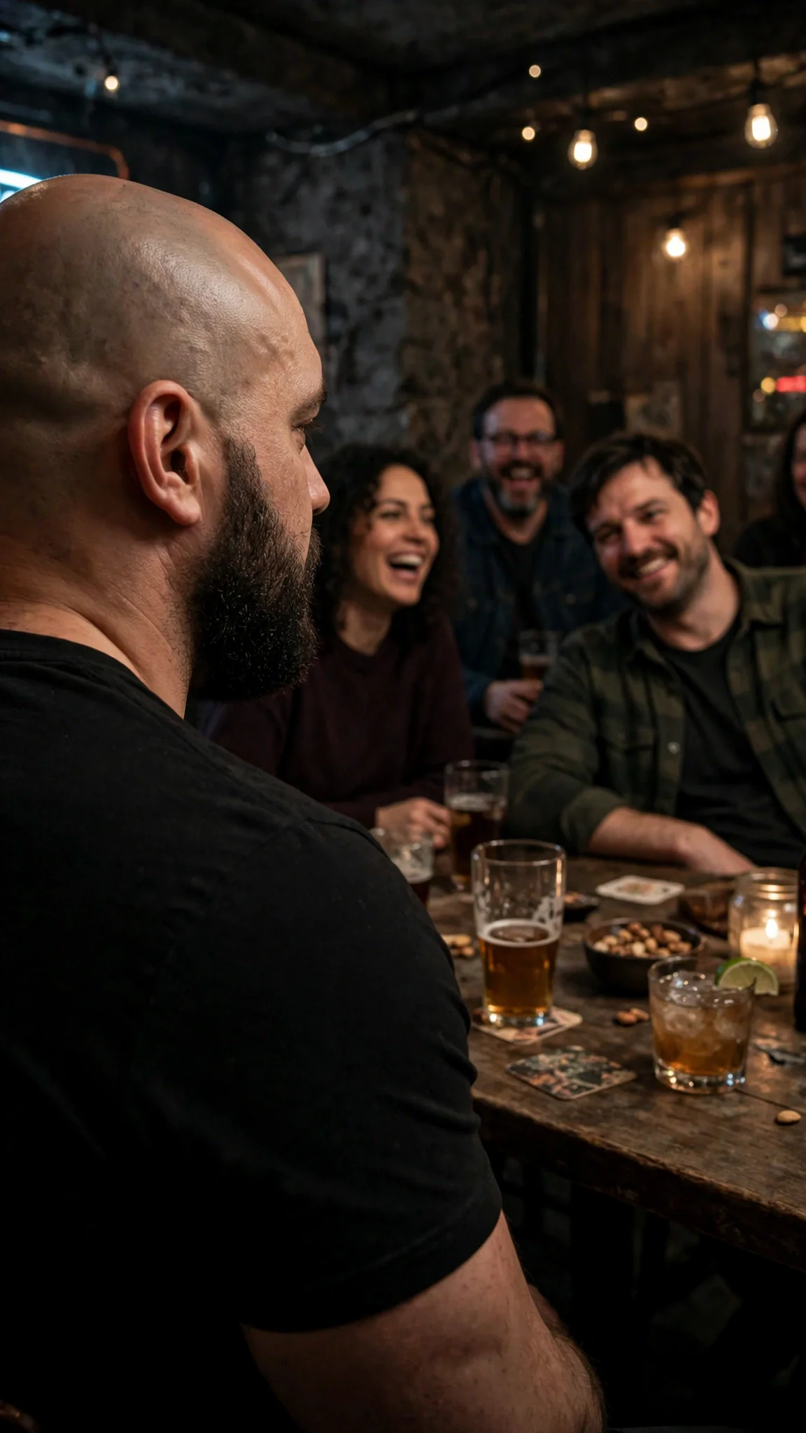 A voice at the back of the bar; patrons laughing; the bouncer's frown deepening.