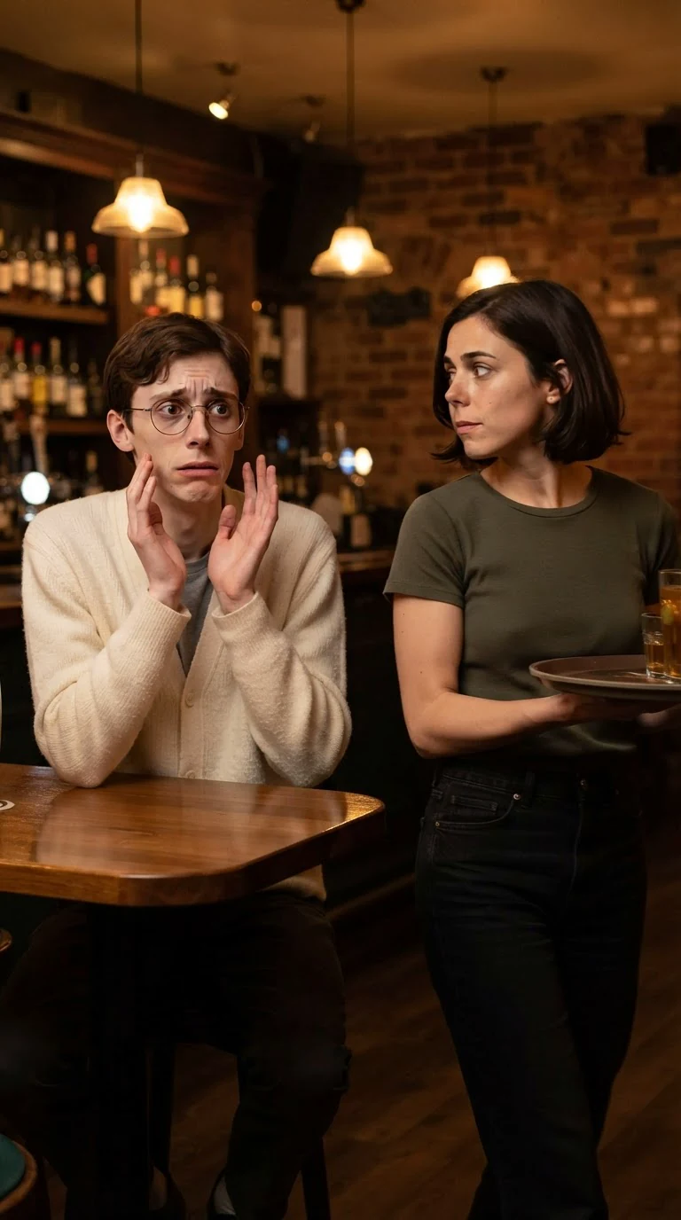 A thin pale young man in a cream cardigan and glasses, panicking at his table.