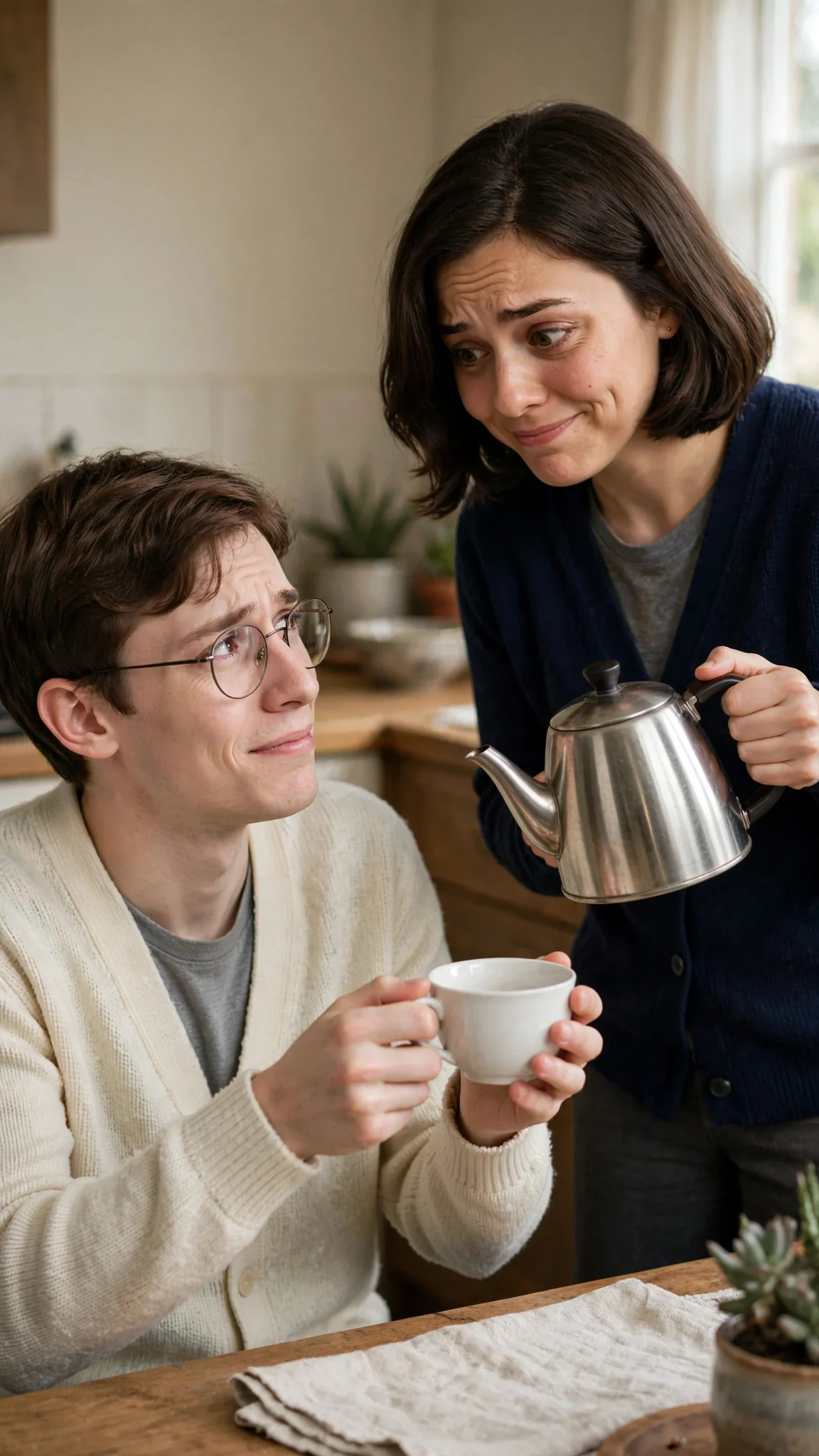 The pale man gulping tea, then holding out the empty cup with both hands.