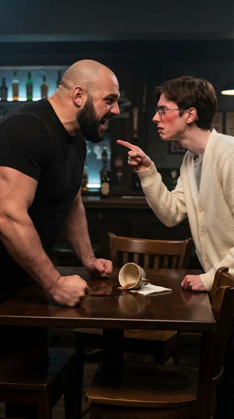 The bouncer and the pale man both on their feet, shouting across a table.