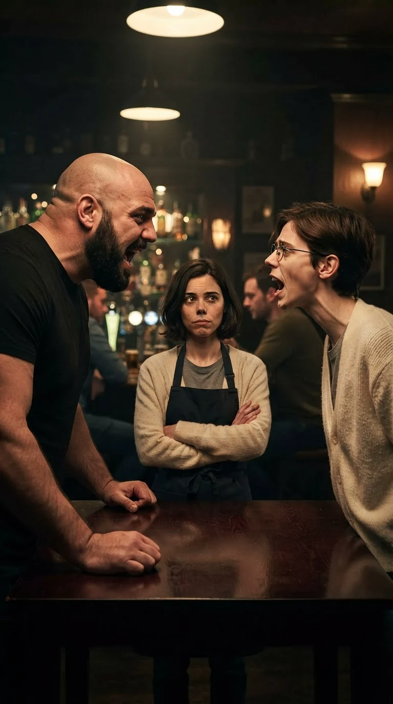 Two monsters roaring at each other while the small woman stands between them in the apron, unimpressed.
