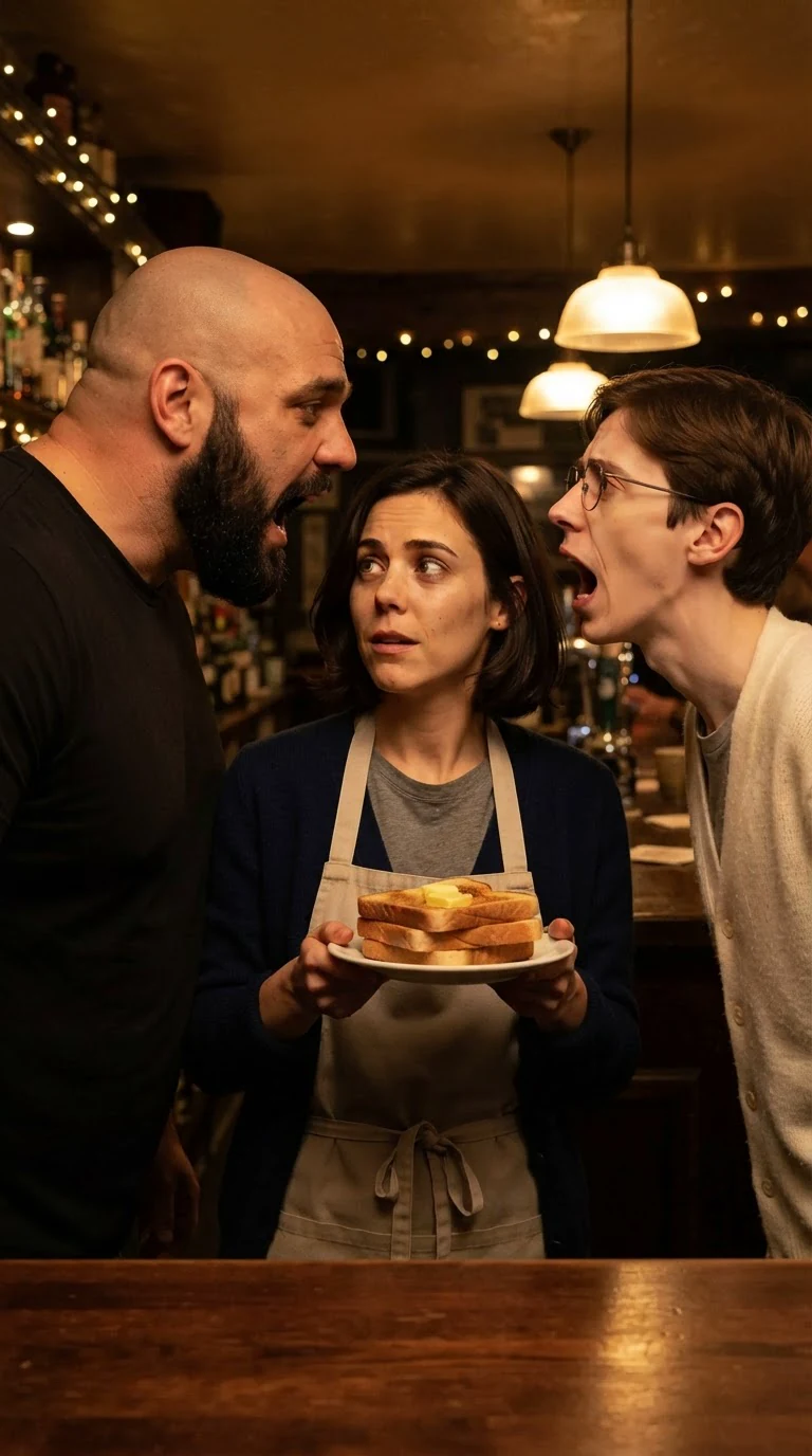 The small woman holding up a plate of toast between the two arguing monsters.