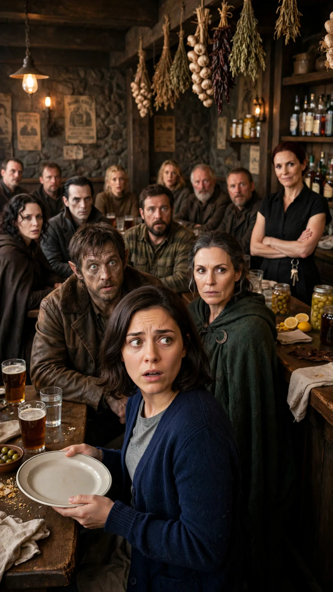The whole bar of monsters turned to stare at the small woman holding an empty plate.