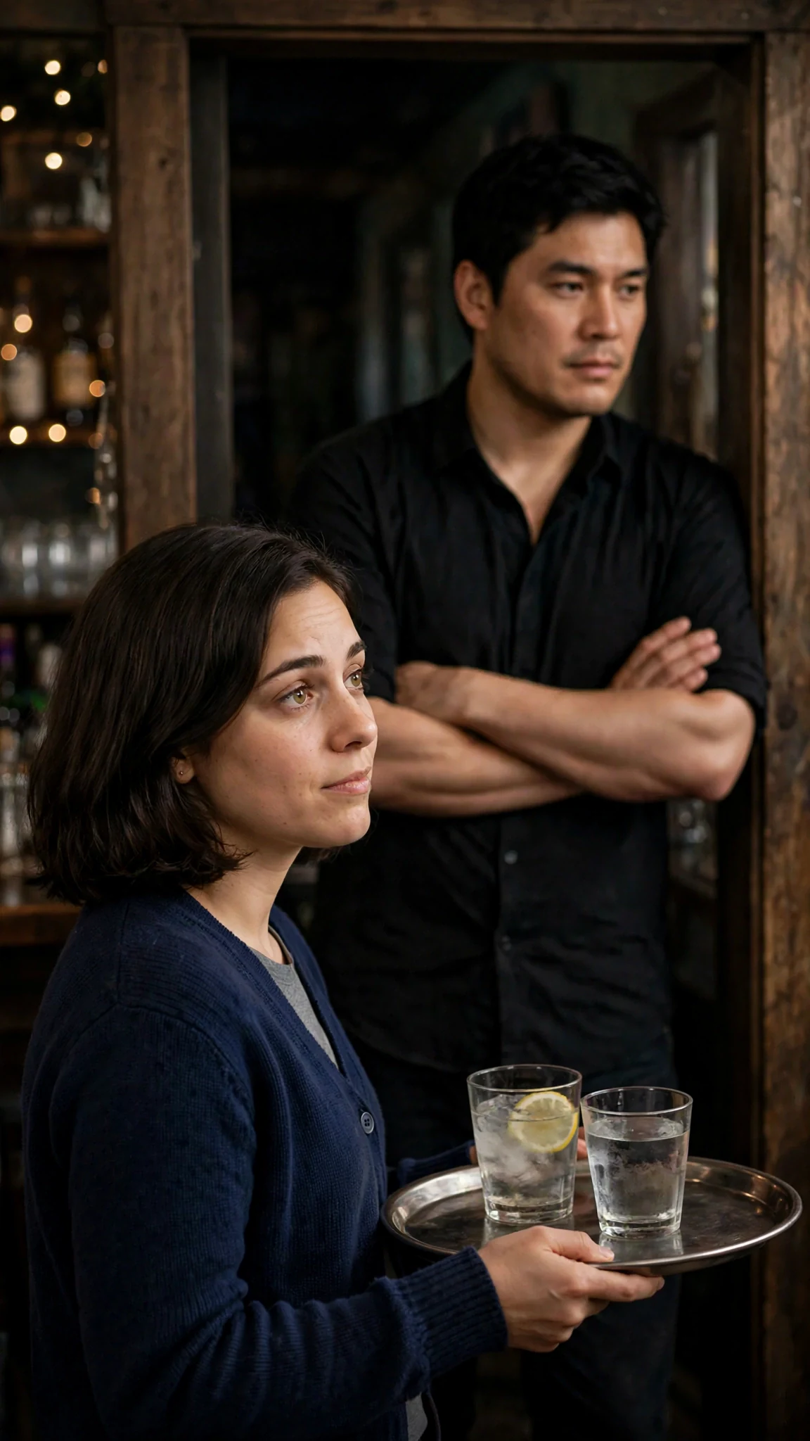 A tall broad-shouldered man with rolled sleeves standing in the back doorway, watching her.