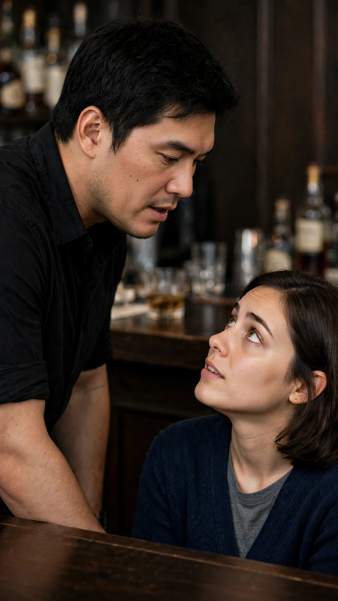 Behind the bar, the tall man standing close and angled so his shoulder blocks the room, speaking down to her.