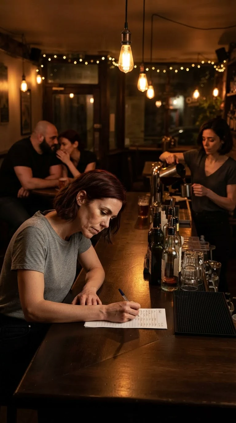 The small woman back at a table with her paper list and pen, the bar now calm behind her.