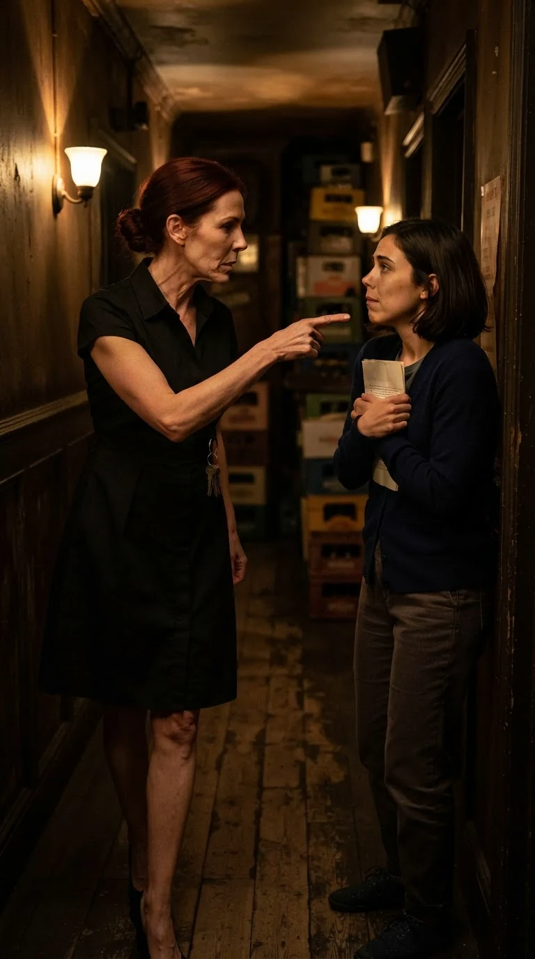 Gwen walks Mabel down a dim hallway, warning her to keep quiet.