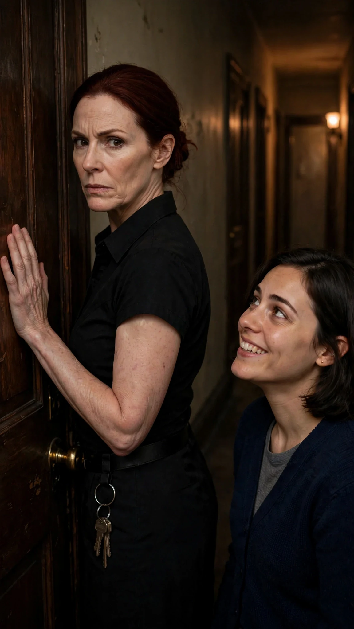 Gwen pauses with her hand on the door and warns Mabel about her jokes.