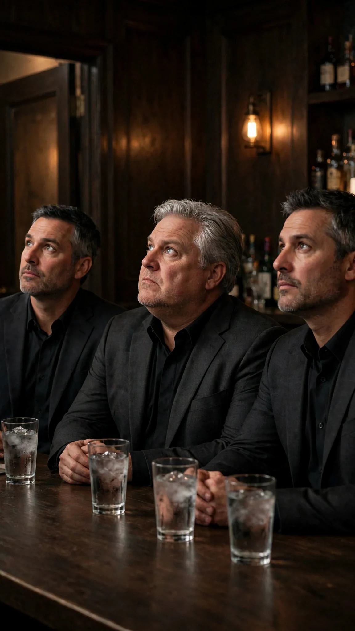 A long lit table where three demons in dark suits wait, one of them silver-haired and cold-eyed.