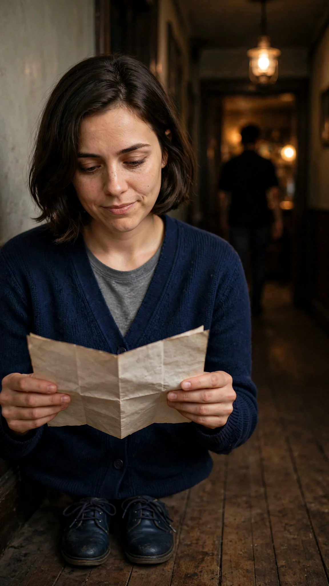 Mabel looks down at her crumpled list in the hallway, thinking it over.