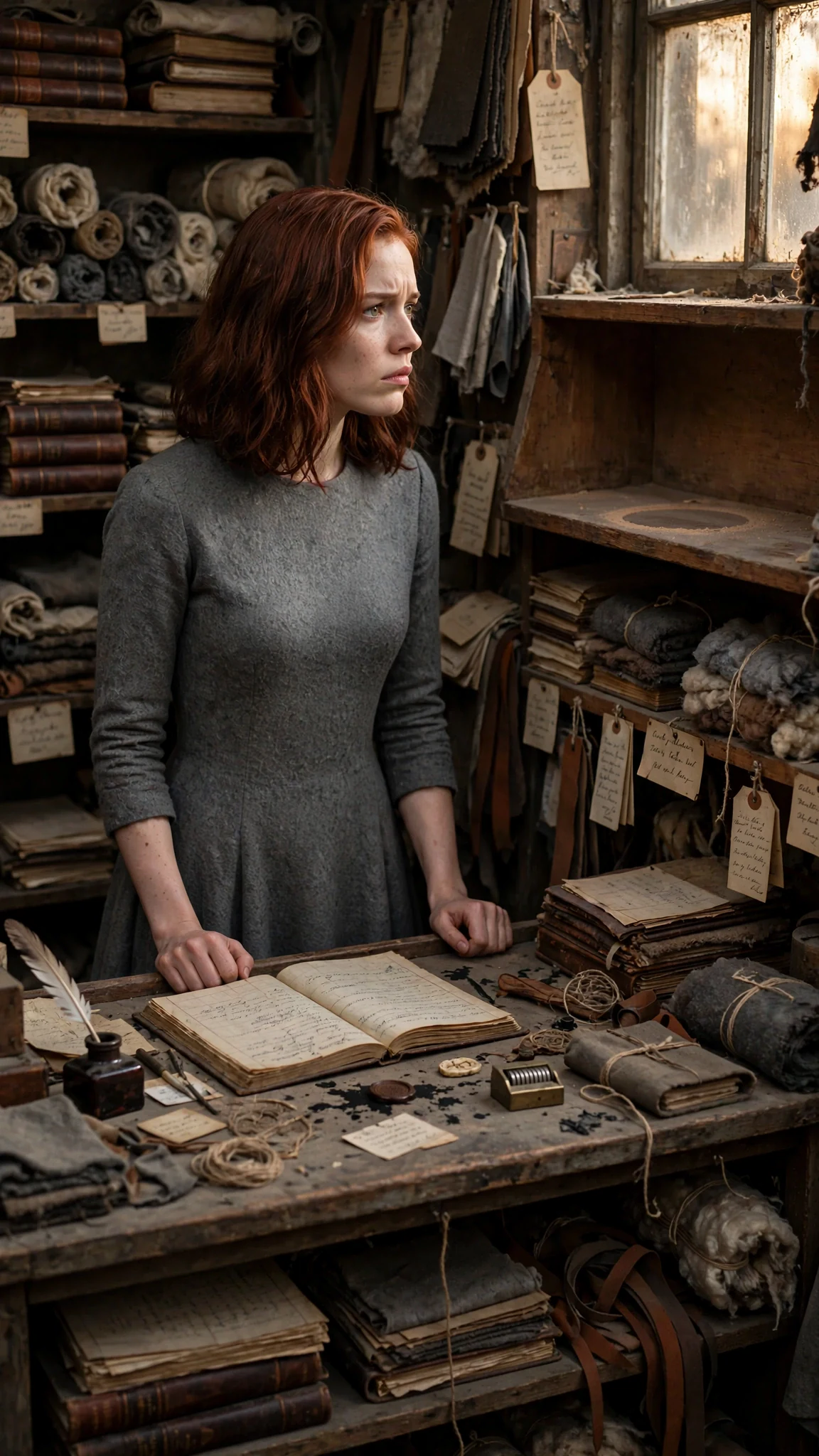 A young woman in a plain grey dress stares at an empty shelf in a dim merchant's counting house.