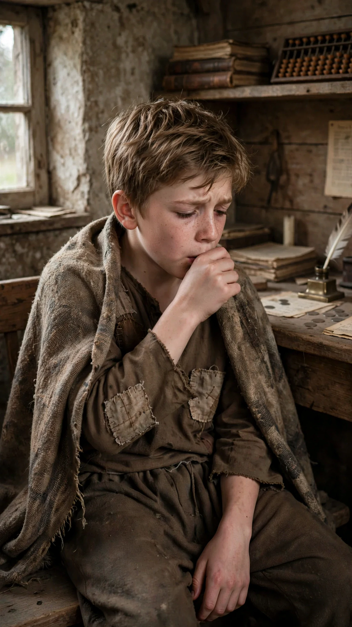 A small freckled boy wrapped in a worn blanket coughs into his sleeve on a bench.