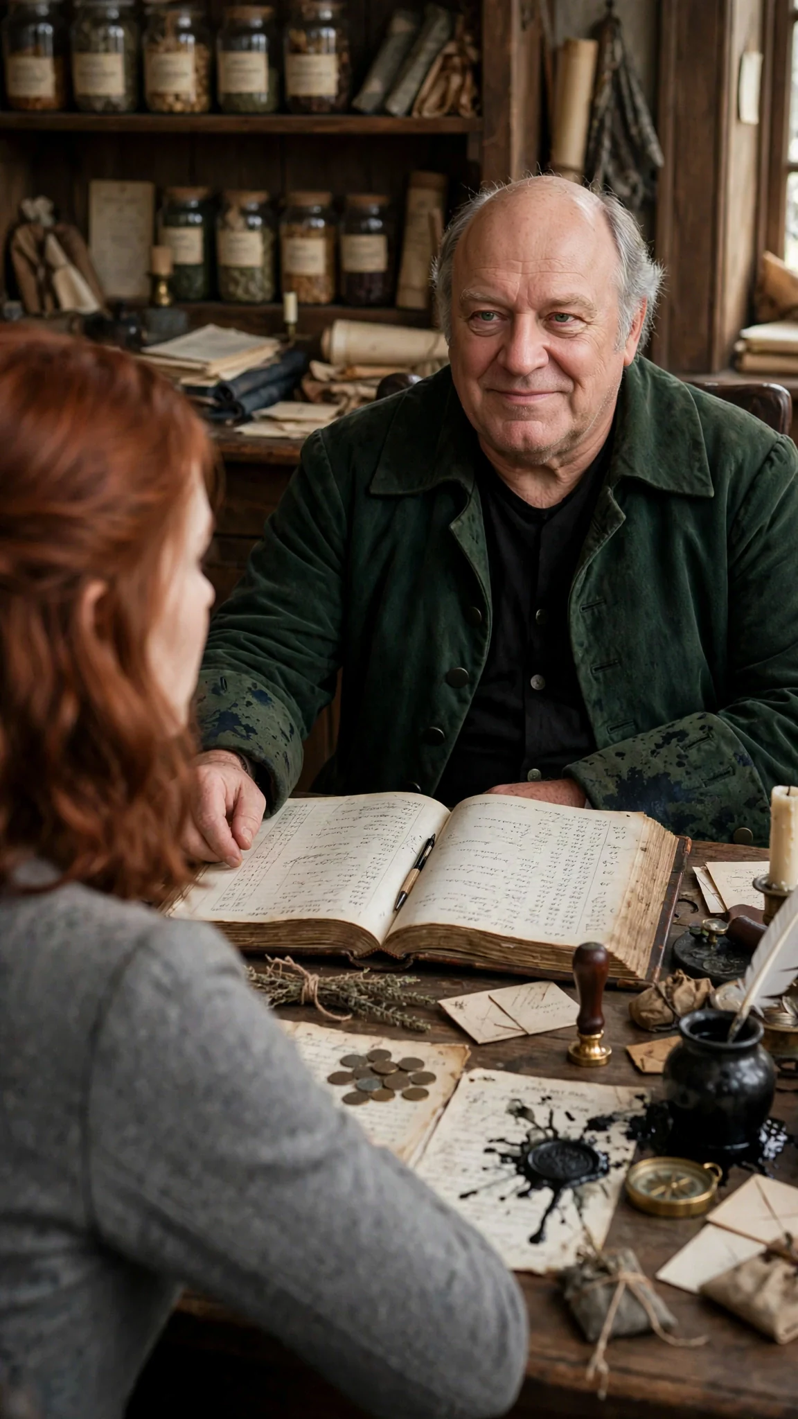 A heavy-set balding merchant in a green coat sits behind his desk with pale, smug eyes.