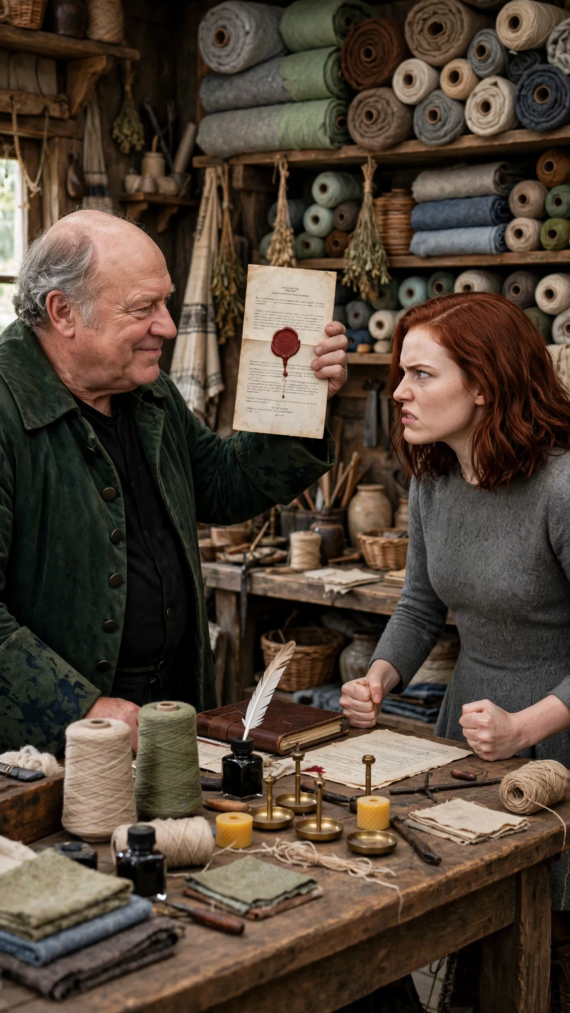 The merchant holds up a folded contract while a young woman glares at him.