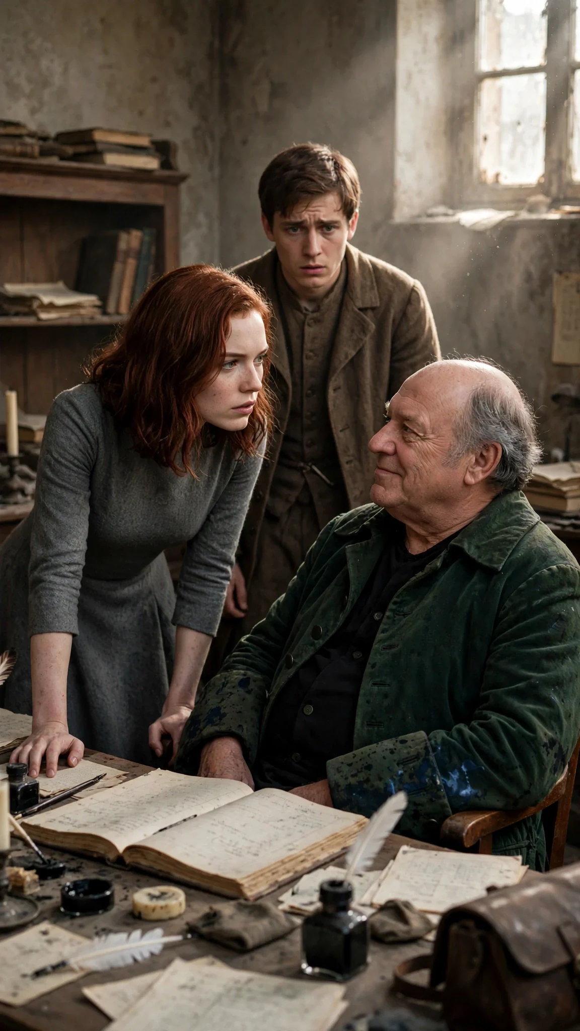 A young woman leans over a desk in fury while a clerk watches from the shadows.