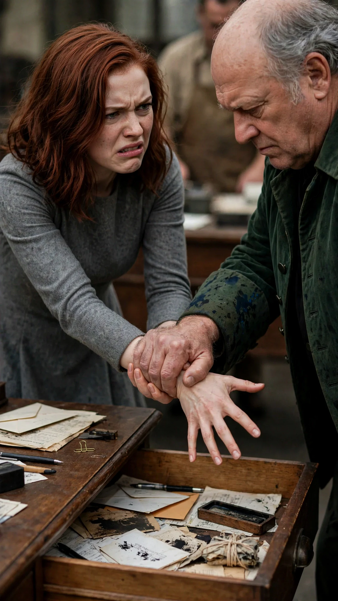 The merchant's hand clamps hard around a young woman's wrist above an open drawer.