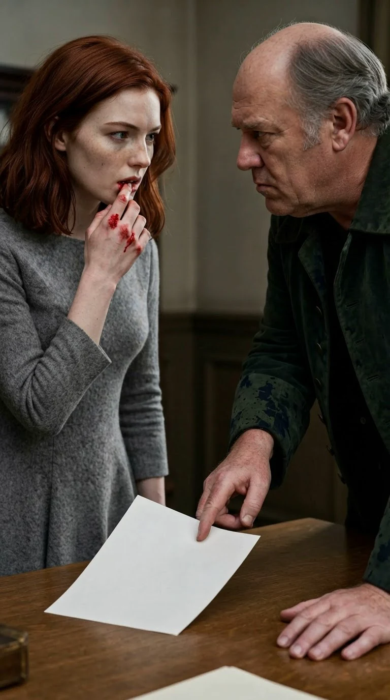 A bleeding young woman holds her mouth while the merchant slides a paper across the desk.