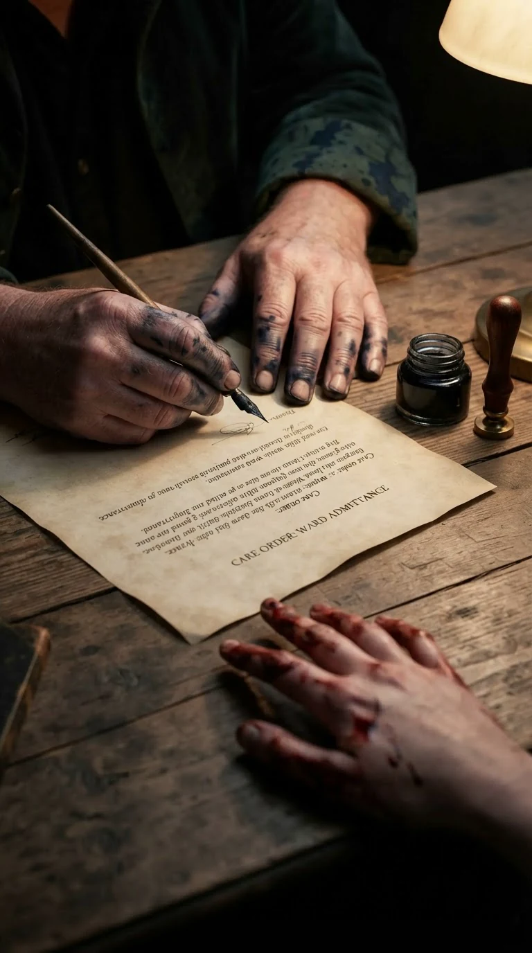 Close view of a merchant's hand signing a paper with a boy's name on it.