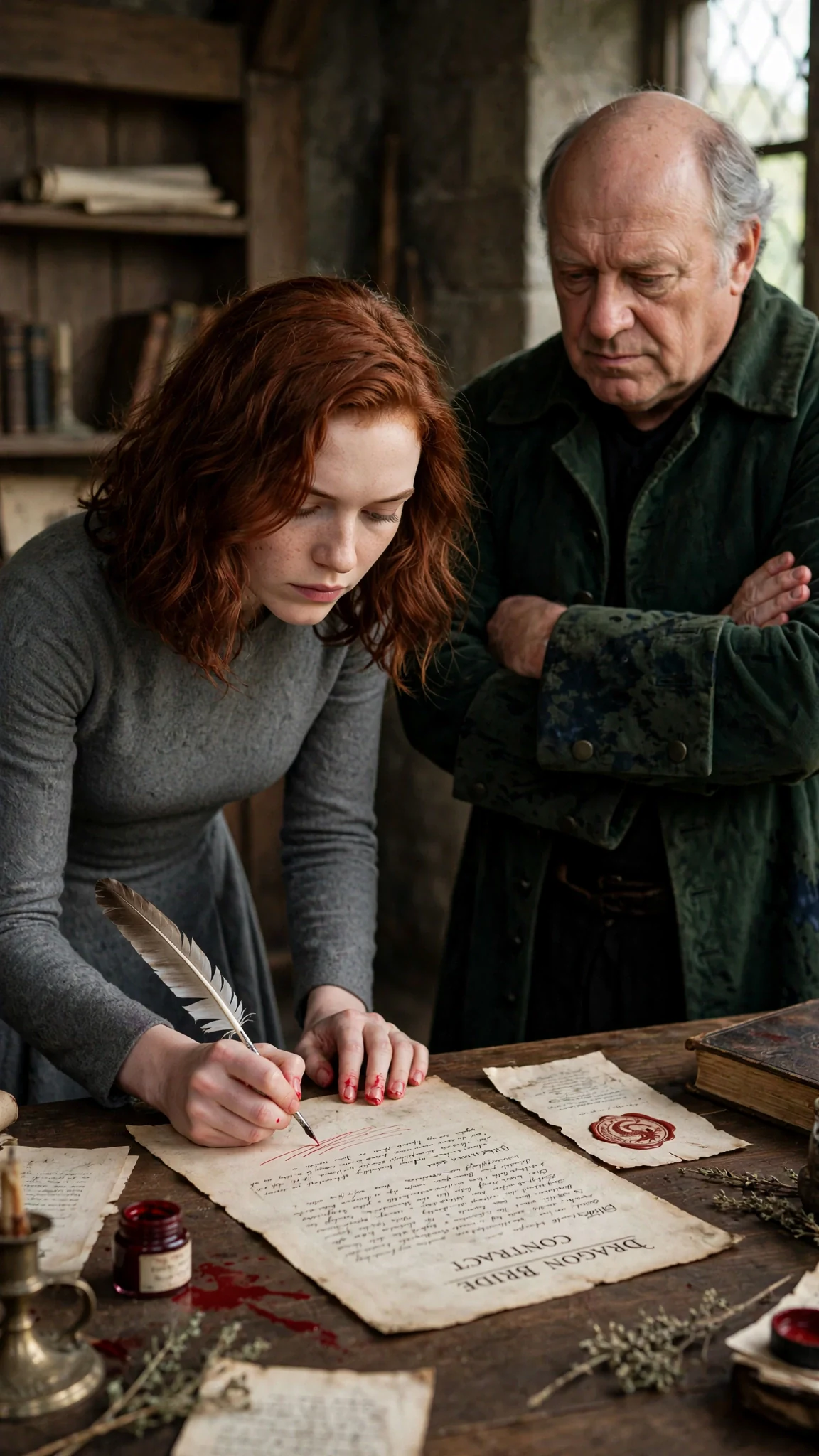 A young woman signs a contract with blood smeared on her fingers.