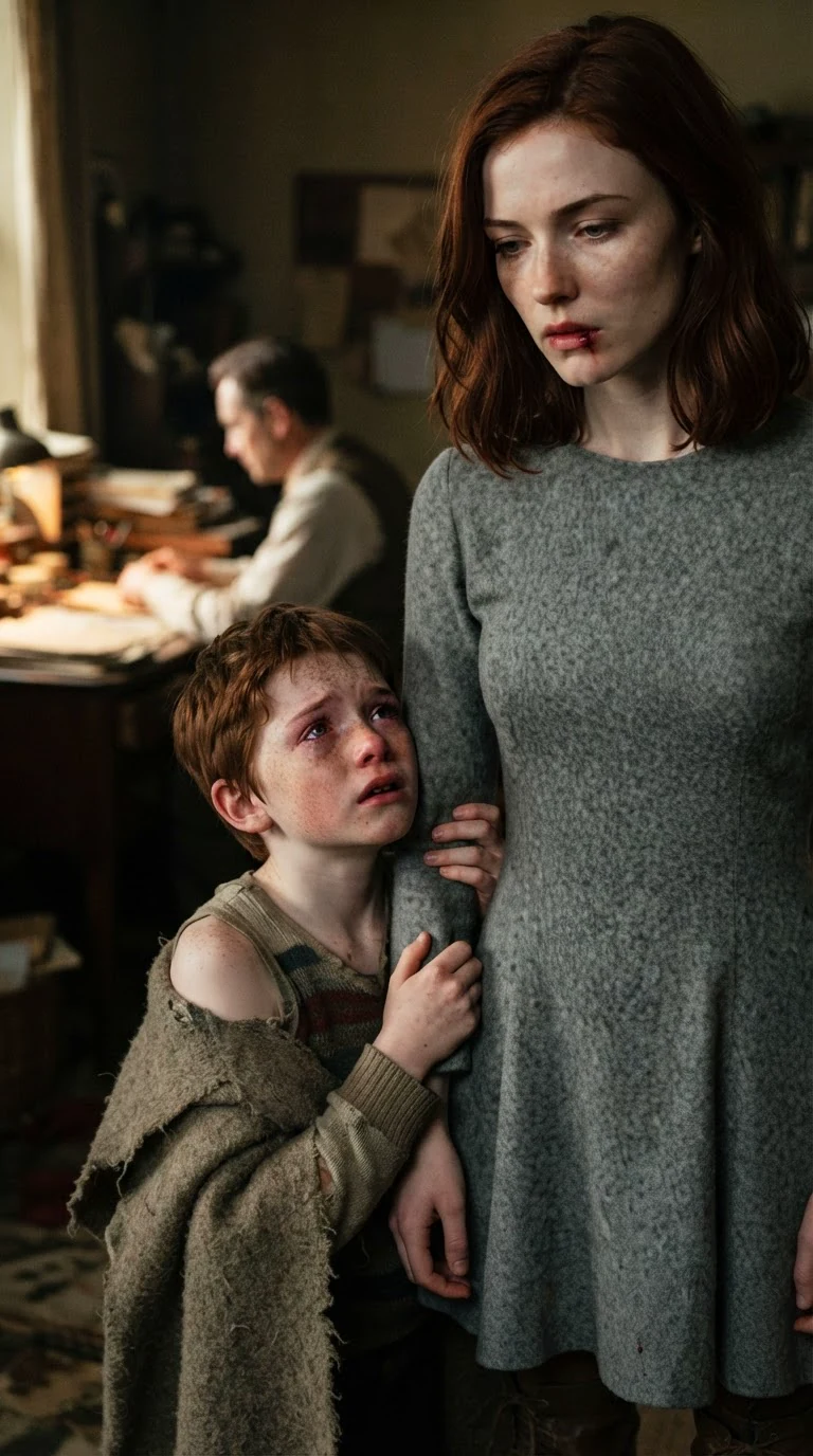 A small boy clutches a young woman's sleeve, frightened, as the merchant watches.