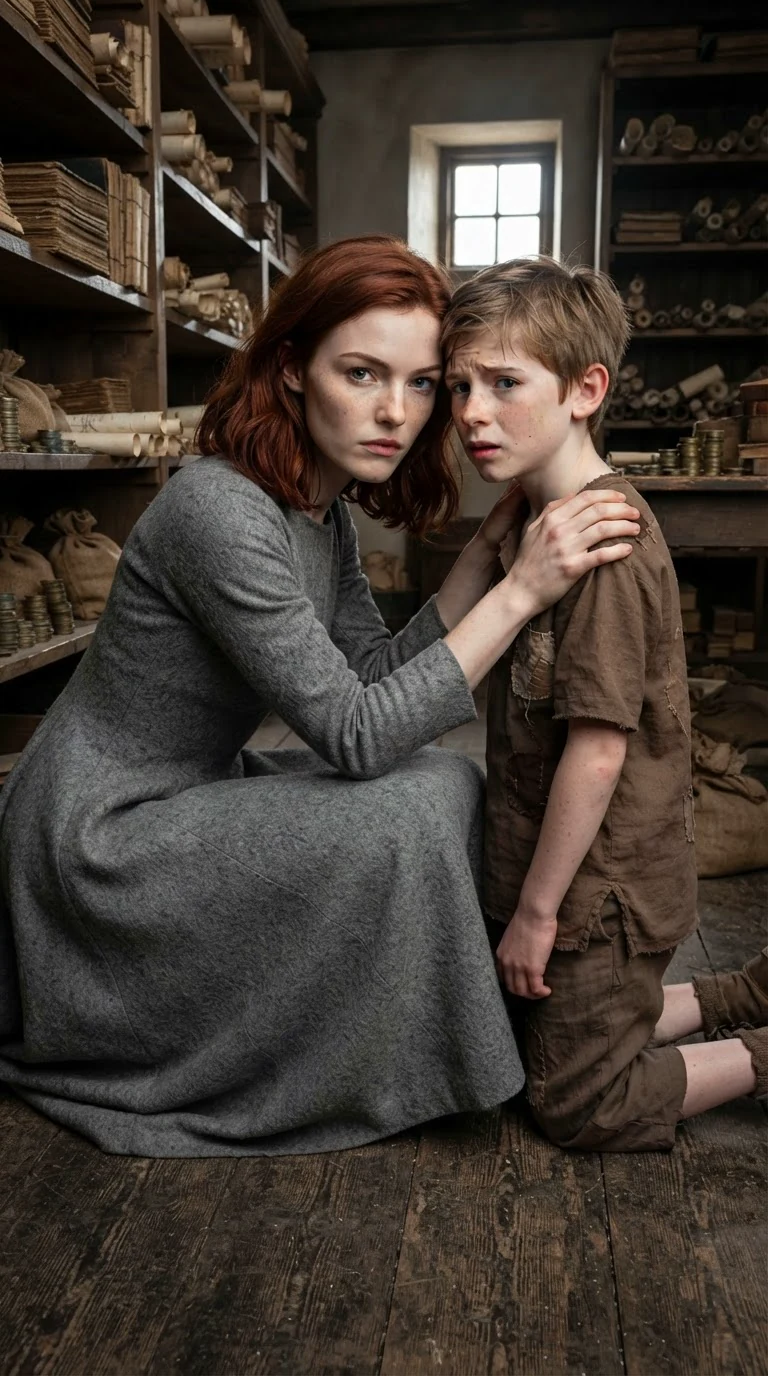 A young woman crouches to grip a small boy's shoulders, eye to eye.