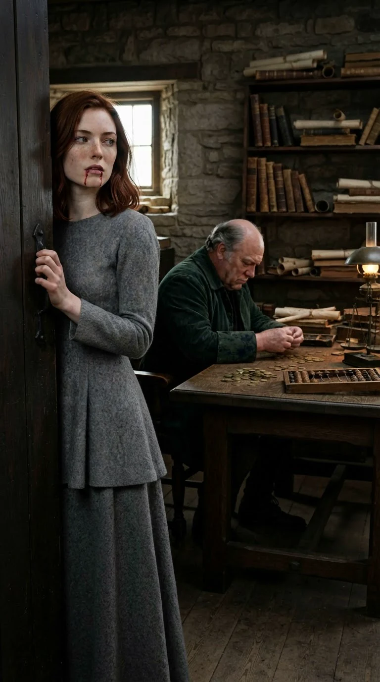 A young woman pauses in a doorway to look back at a merchant counting coins.