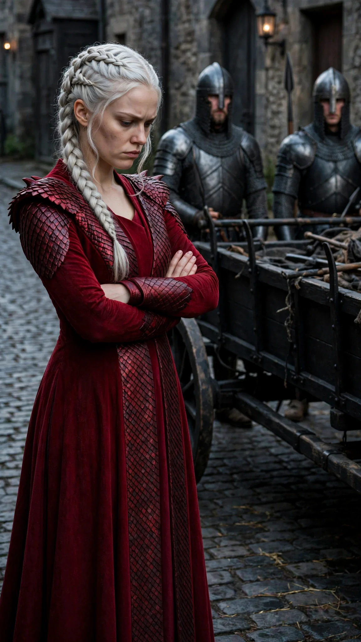 A tall silver-blonde woman in a crimson gown waits beside a black cart in a narrow street.
