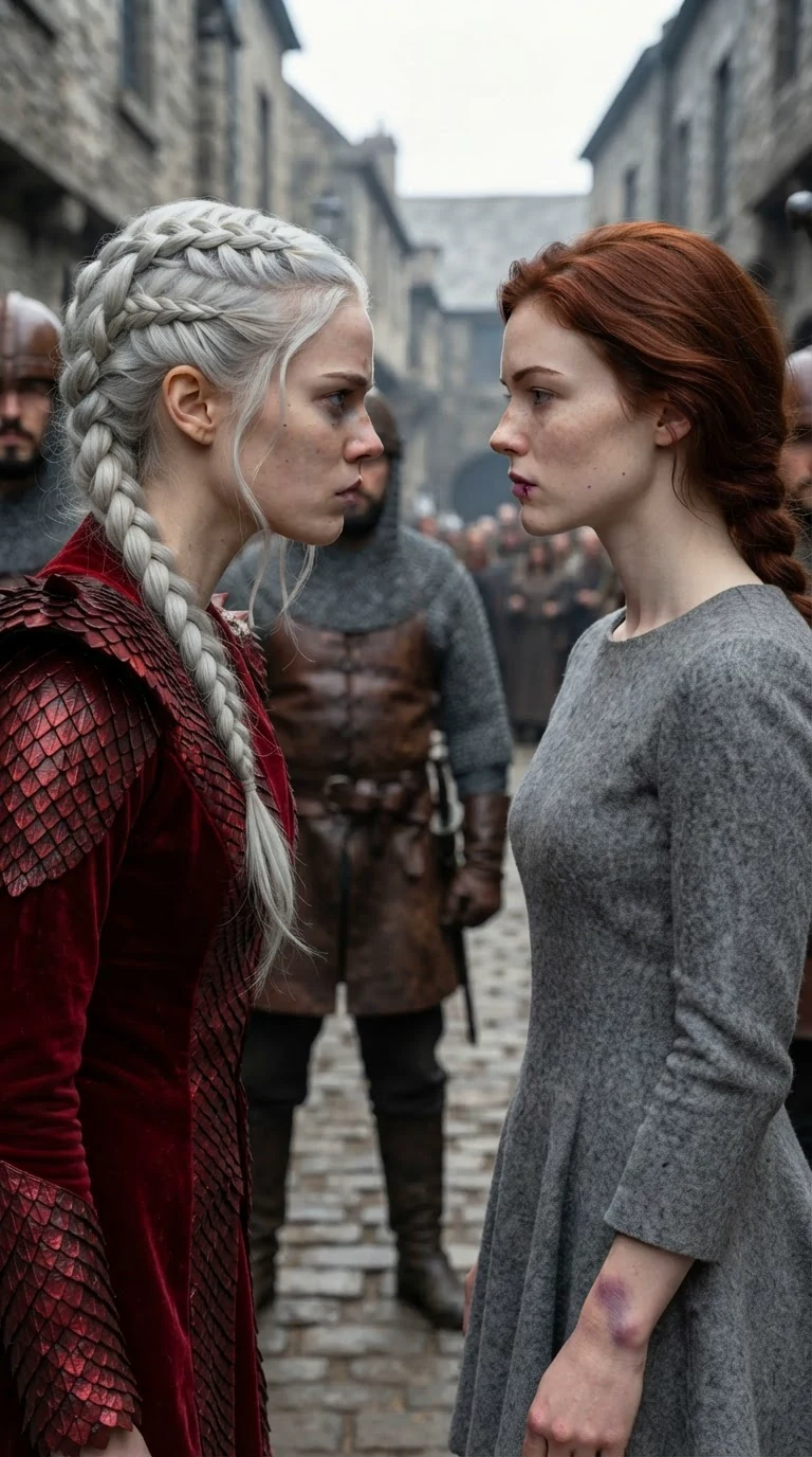 Two women stand inches apart in the street, neither backing down.