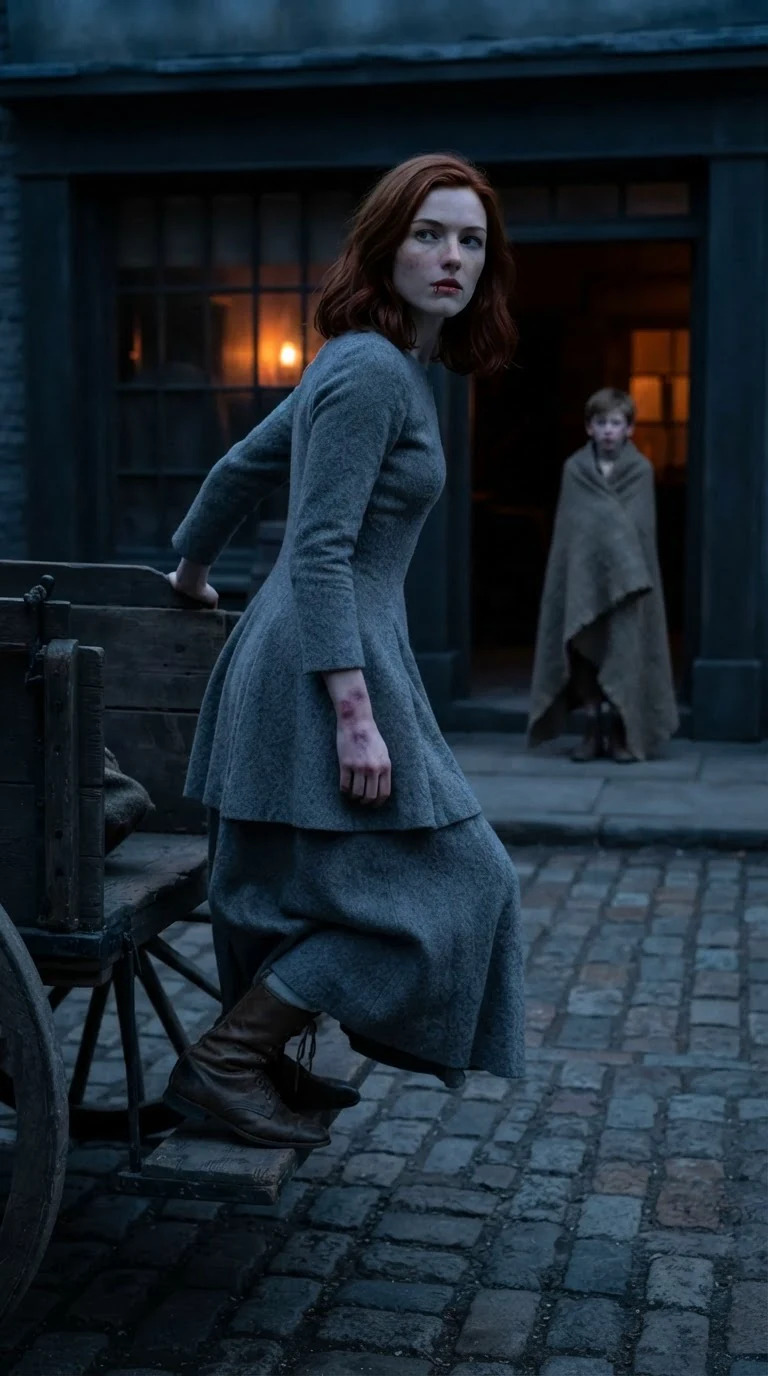 A young woman climbs into a cart and looks back at a small boy standing in a doorway.