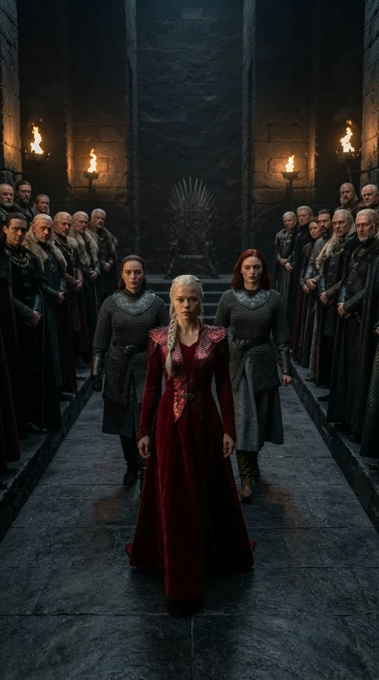 A tall blonde woman in a crimson gown walks ahead through a torchlit hall lined with dragon nobles.