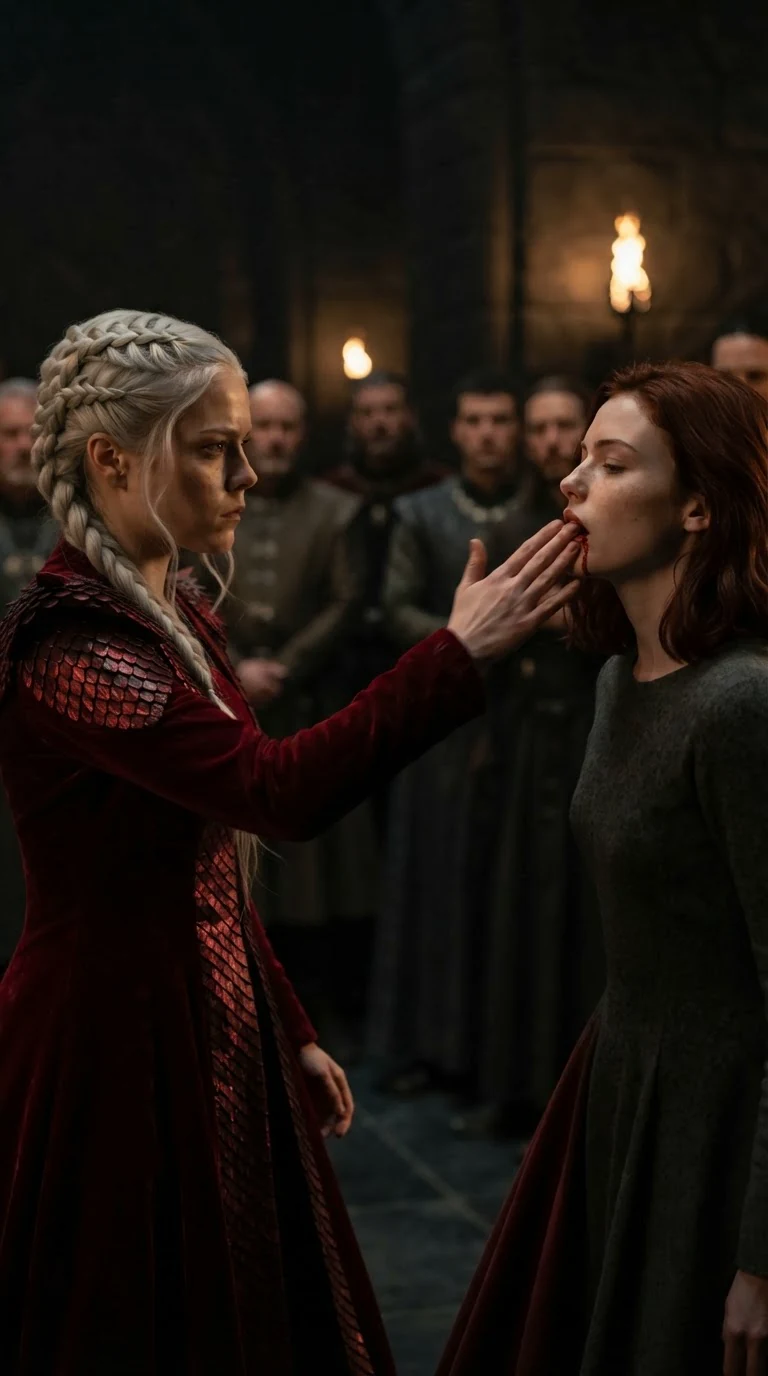 The blonde woman slaps the copper-haired girl across the mouth in a crowded hall.