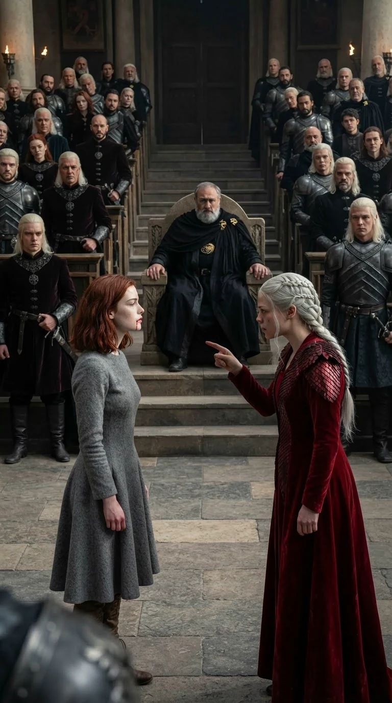 The blonde woman gestures at the copper-haired girl before a seated court of dragon nobles.