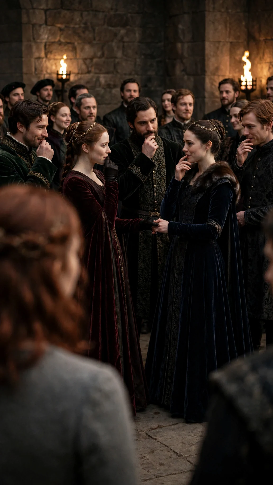 Courtiers laughing quietly while the girl stares at the far wall.