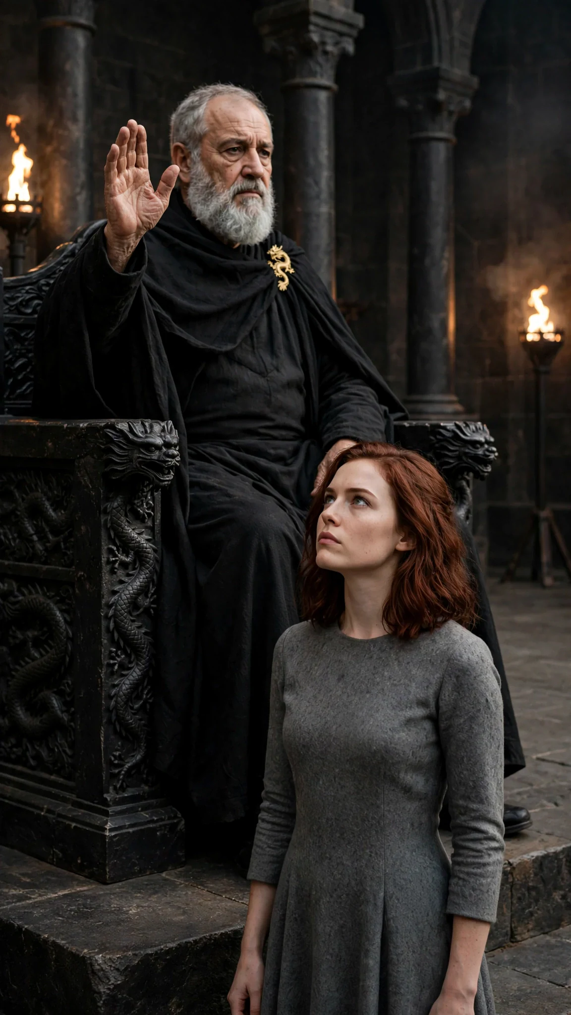 The grey-bearded king on his throne raises one hand for silence.