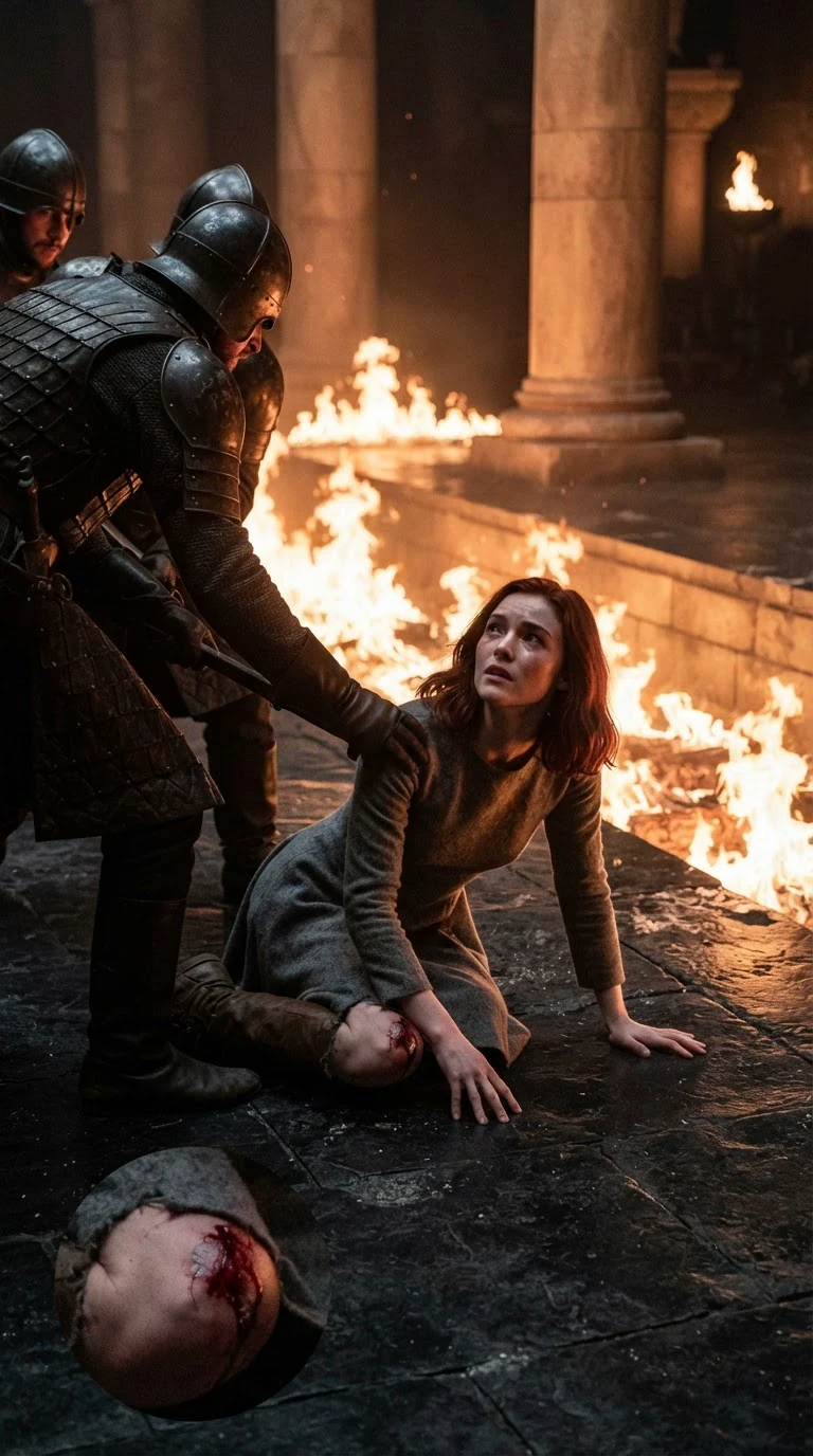 Guards shove the copper-haired girl to her knees at the edge of a burning trench.