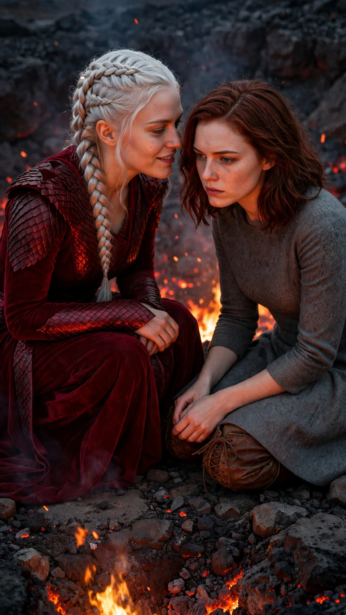The blonde woman crouches beside the kneeling girl and speaks close to her ear.