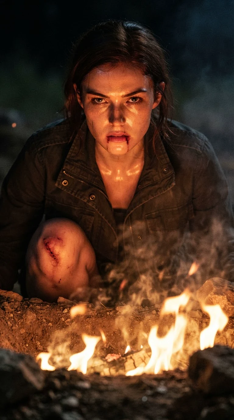 The kneeling girl looks into the flames, sweat on her face, jaw tight.