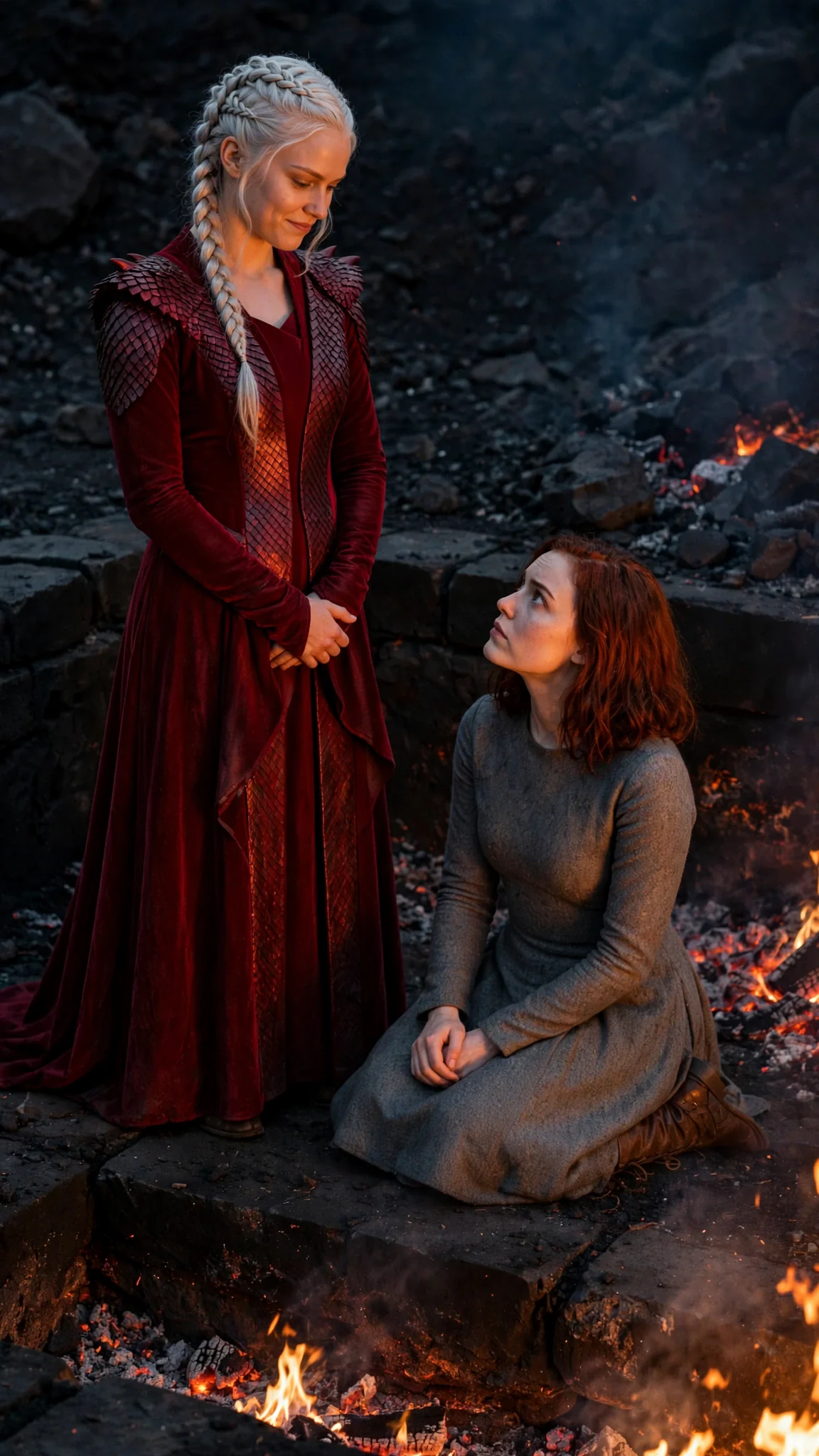 The blonde woman rises, looking down at the kneeling girl with cold satisfaction.