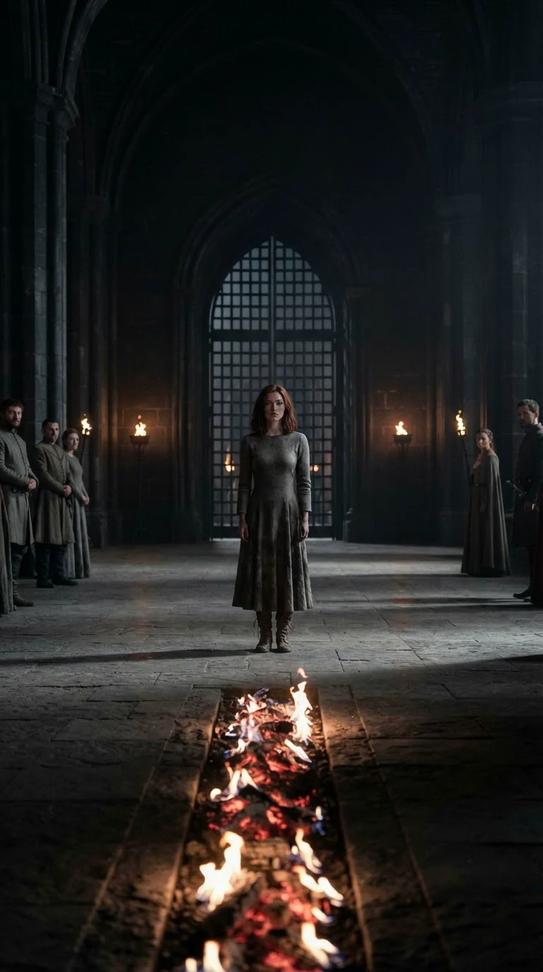 The girl stands alone in the torchlit hall, looking toward the tall doors.