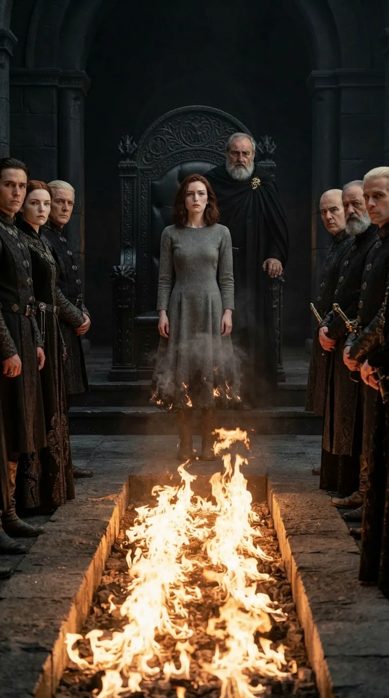 Calista stands unburned at the edge of a fire trench in a black stone hall while the dragon king rises from his throne.