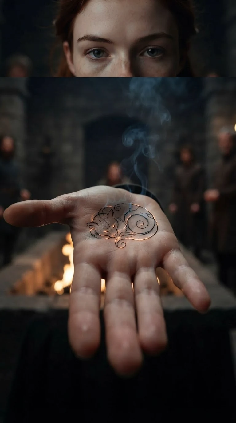 A black curling mark burns itself into Calista's open palm.