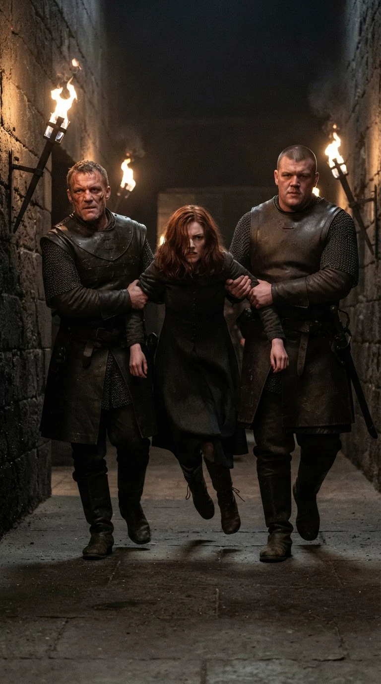 Two guards drag Calista by the arms down a black stone corridor.